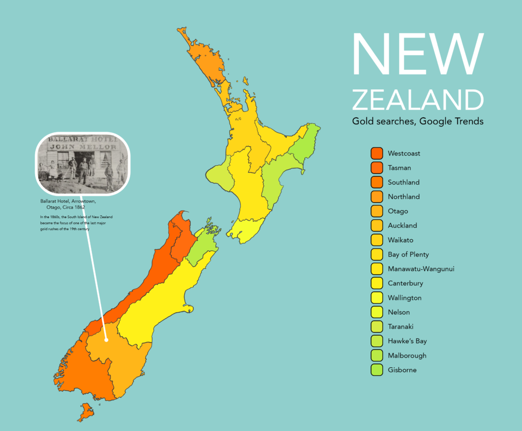 A 'heat map' displaying region-specific gold-related searches across New Zealand, between 2004 and 2022