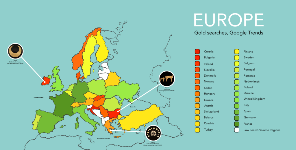 A 'heat map' of Europe, based on the gold searches captured by the Google Trends website between 2004 and 2022. Irish lunula. Ancient Varna gold.