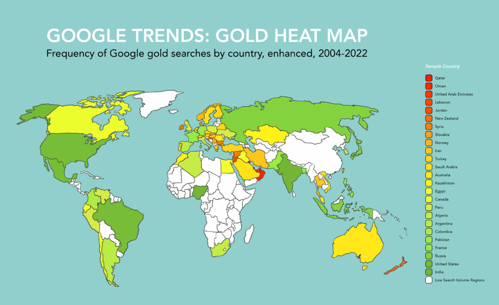 Global 'heat map', based on Google Trends. The map covers gold-related searches over the years 2004-2022.