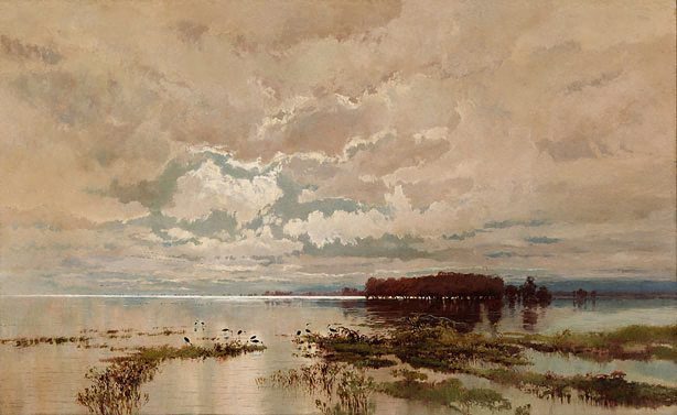 W C Piguenit's landscape painting, The flood in the Darling 1890, depicting the epic floods that drowned western NSW following on from the Tarawera volcanic eruption.